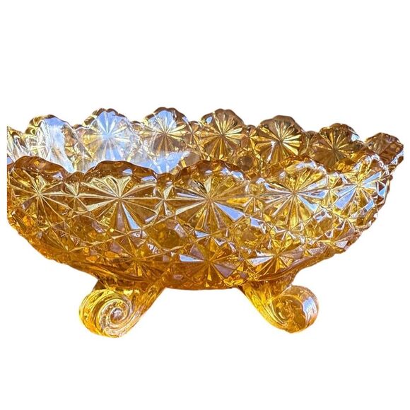 Vintage LG Wright Fenton Daisy & Buttons Amber Glass Footed Oval Dish Bowl 5” - Picture 2 of 9
